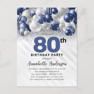 ネイビーブルーシルバーバルーングリッター80誕生日 ポストカード