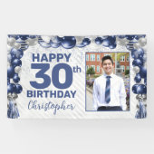 ネイビーブルーシルバーバルーンフォト任意の年齢誕生日 横断幕 (横)