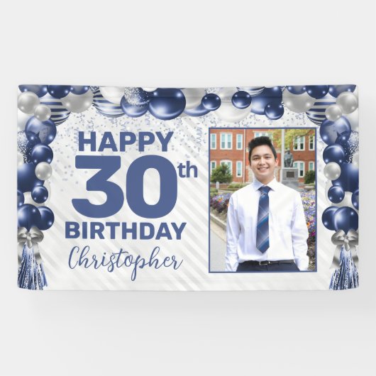 ネイビーブルーシルバーバルーンフォト任意の年齢誕生日 横断幕 (横)