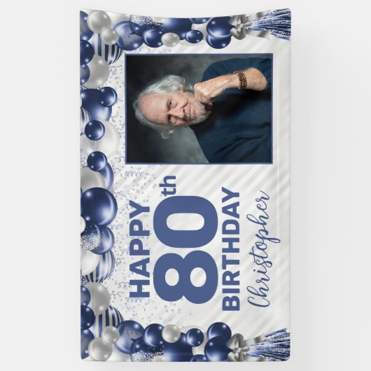 ネイビーブルーシルバーバルーンフォト80誕生日 横断幕 (縦)