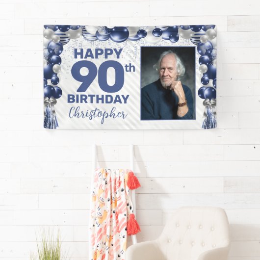 ネイビーブルーシルバーバルーンフォト90誕生日 横断幕 (インサイチュ)