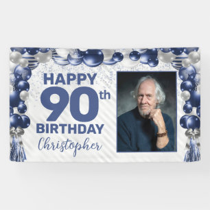 ネイビーブルーシルバーバルーンフォト90誕生日 横断幕