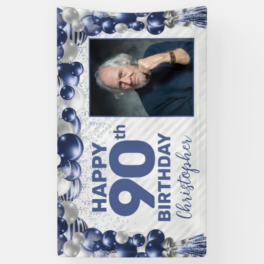 ネイビーブルーシルバーバルーンフォト90誕生日 横断幕 (縦)