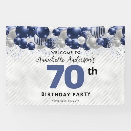 ネイビーブルーシルバーバルーン70th誕生日へようこそ 横断幕 (横)
