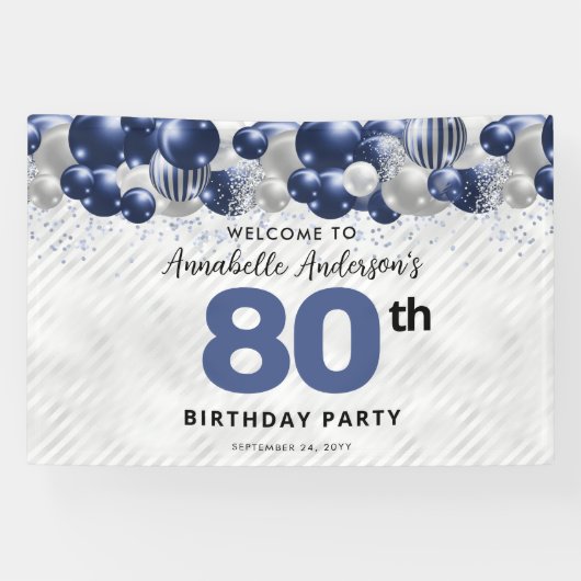 ネイビーブルーシルバーバルーン80th誕生日へようこそ 横断幕 (横)