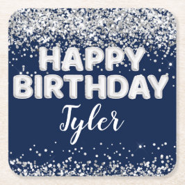 ネイビーブルーシルバーバースデーパーティー スクエアペーパーコースター