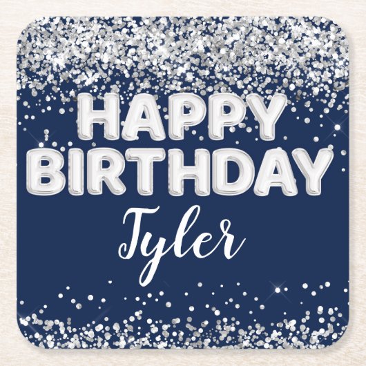 ネイビーブルーシルバーバースデーパーティー スクエアペーパーコースター (正面)