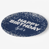 ネイビーブルーシルバーバースデーパーティー ペーパープレート (アングル)