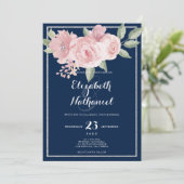 ネイビーブルーシルバーピンクグリーンフローラ結婚テーマ 招待状 (スタンド正面)