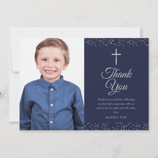 ネイビーブルーシルバーファースト聖体拝領写真 サンキューカード (正面)