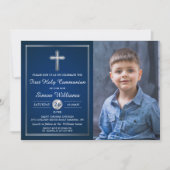 ネイビーブルーシルバーファースト聖体拝領写真 招待状 (正面)