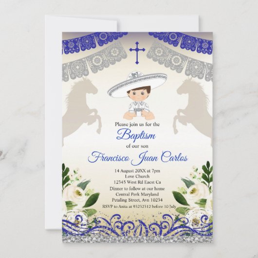 ネイビーブルーシルバーフィエスタボーイバプテスマ《キリスト教》洗礼式や命名式 招待状 (正面)