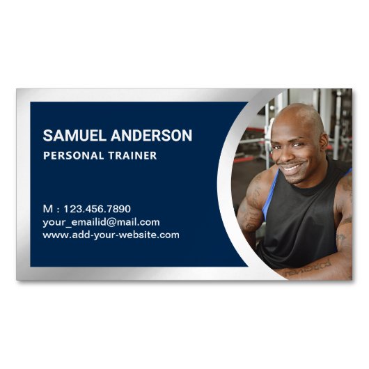 ネイビーブルーシルバーフィットネスパーソナルトレーナー写真 マグネット名刺 (正面)