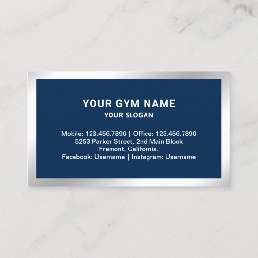 ネイビーブルーシルバーフィットネスパーソナルトレーナー写真 名刺 (裏面)