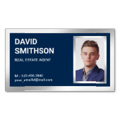 ネイビーブルーシルバーフォイルエステー実在ト不動産仲介業者写真 マグネット名刺 (正面)