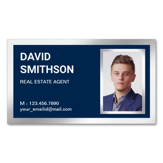 ネイビーブルーシルバーフォイルエステー実在ト不動産仲介業者写真 マグネット名刺 (正面)