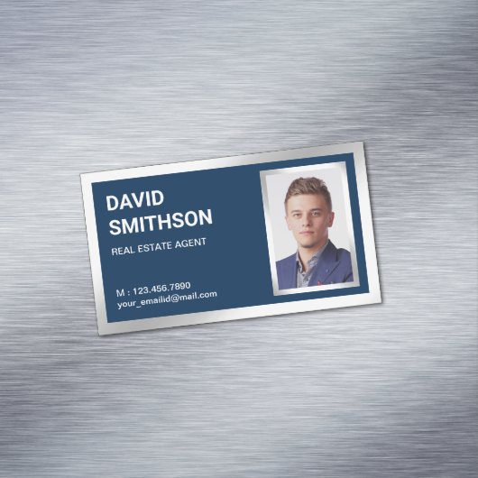 ネイビーブルーシルバーフォイルエステー実在ト不動産仲介業者写真 マグネット名刺 (インサイチュ)