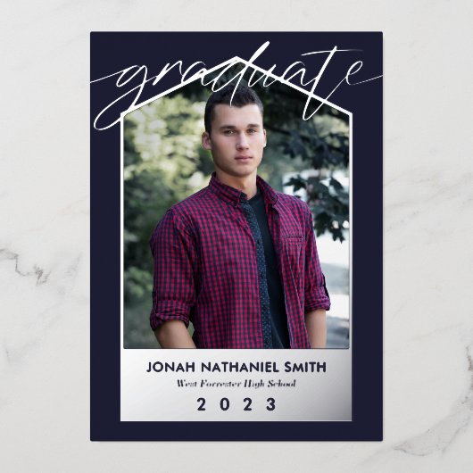 ネイビーブルーシルバーフォイル写真卒業 箔招待状 (正面)