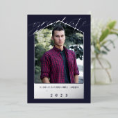 ネイビーブルーシルバーフォイル写真卒業 箔招待状 (立ち正面)