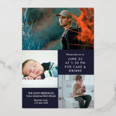 ネイビーブルーシルバーフォイル写真卒業 箔招待状 (裏面)