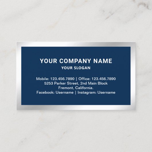 ネイビーブルーシルバーフォイル実在エステートフォト不動産仲介業者 名刺 (裏面)