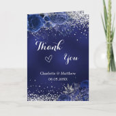 ネイビーブルーシルバーフォト結婚フローラの感謝していユーザ カード (正面)