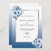 ネイビーブルーシルバーフローラホワイトエレガントな結婚式 招待状 (正面/裏面)