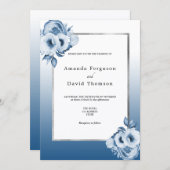 ネイビーブルーシルバーフローラホワイトエレガントな結婚式 招待状 (正面/裏面)
