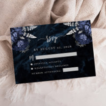 ネイビーブルーシルバーフローラルアゲートスクリプト 結婚式RSVP