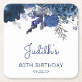 ネイビーブルーシルバーフローラ80thバースデーパーティー スクエアペーパーコースター (正面)