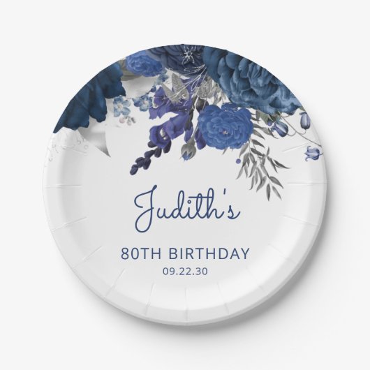 ネイビーブルーシルバーフローラ80thバースデーパーティー ペーパープレート (正面)