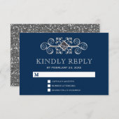 ネイビーブルーシルバーフローリッシュRSVP 出欠カード (正面/裏面)
