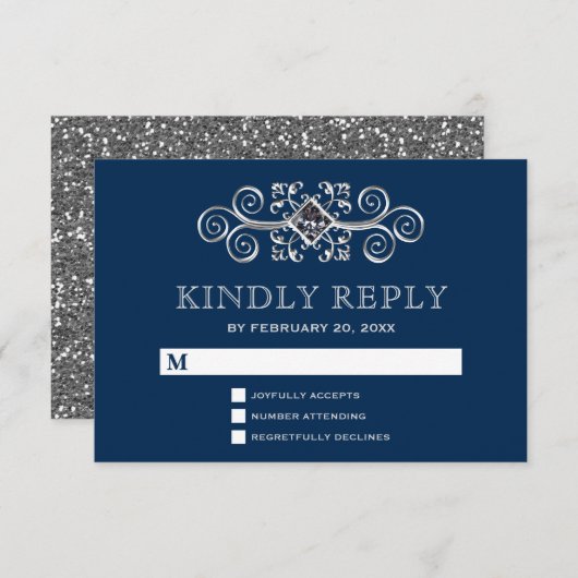 ネイビーブルーシルバーフローリッシュRSVP 出欠カード (正面/裏面)
