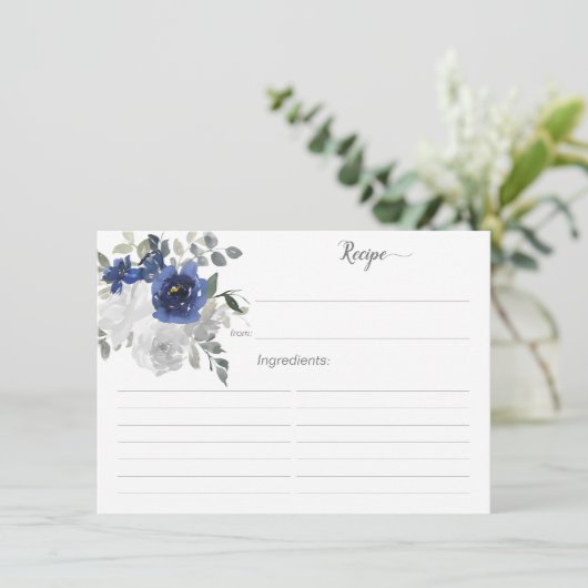 ネイビーブルーシルバーブライダルシャワーレシピカード エンクロージャーカード (スタンド正面)