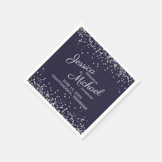 ネイビーブルーシルバーホワイトグリッターウェディングレセプション スタンダードカクテルナプキン (角)