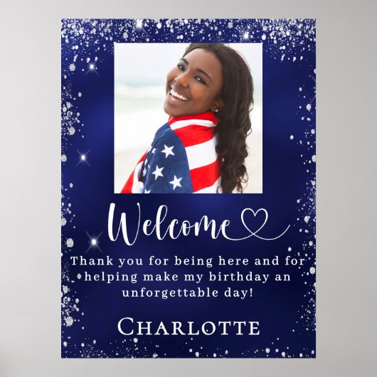 ネイビーブルーシルバー写真誕生日パーティーへようこそ ポスター (正面)