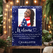 ネイビーブルーシルバー写真誕生日パーティーへようこそ ポスター