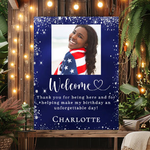 ネイビーブルーシルバー写真誕生日パーティーへようこそ ポスター