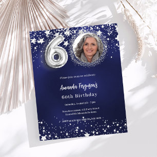 ネイビーブルーシルバー写真60th birthday invitation
