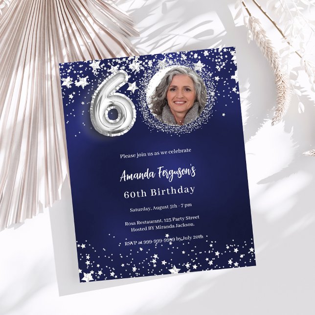 ネイビーブルーシルバー写真60th birthday invitation (クリエイターアップロード済み)