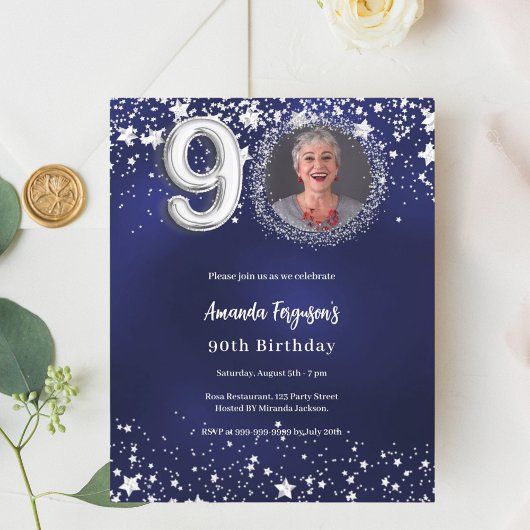 ネイビーブルーシルバー写真90th birthday invitation