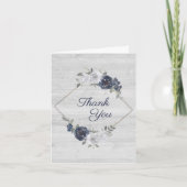 ネイビーブルーシルバー水彩結婚フローラズ サンキューカード (正面)
