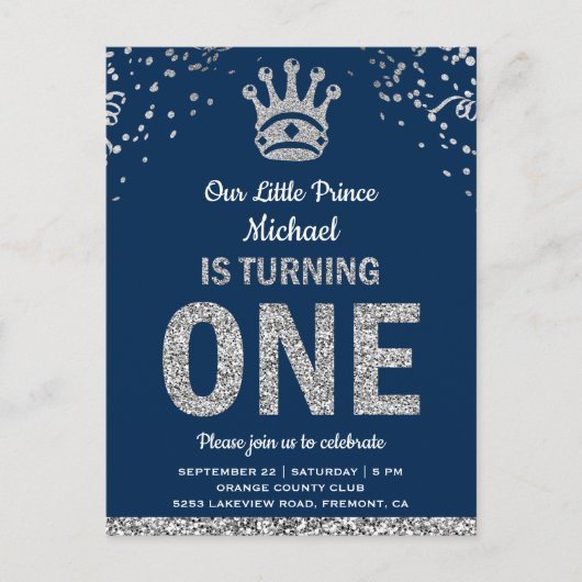 ネイビーブルーシルバー王室のプリンスファースト誕生日 インビテーションポストカード (正面)