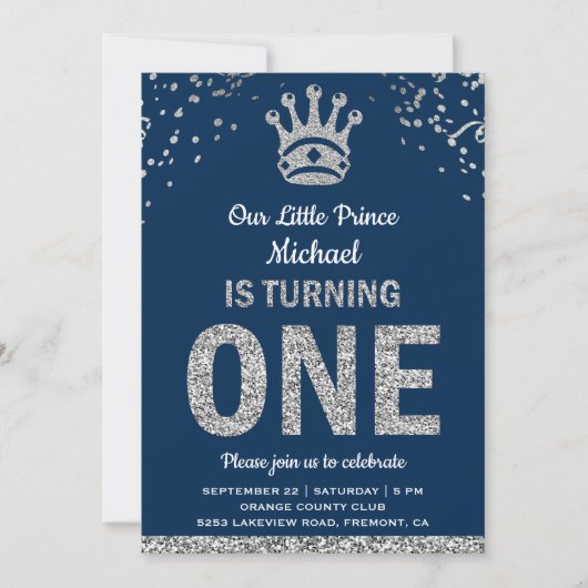 ネイビーブルーシルバー王室のプリンスファースト誕生日 招待状 (正面)