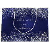 ネイビーブルーシルバー結婚の名前 ラージペーパーバッグ (正面)