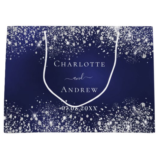 ネイビーブルーシルバー結婚の名前 ラージペーパーバッグ (正面)