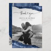 ネイビーブルーシルバー結婚アゲートサンキューカード サンキューカード (正面/裏面)