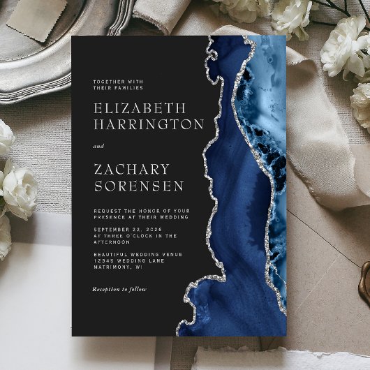 ネイビーブルーシルバー結婚アゲート 招待状