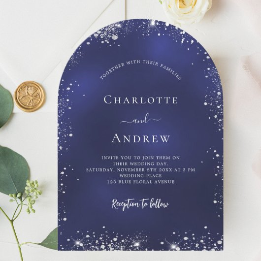 ネイビーブルーシルバー結婚グリッターアーチ 招待状