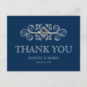 ネイビーブルーシルバー結婚フローリッシュズ ポストカード (正面)